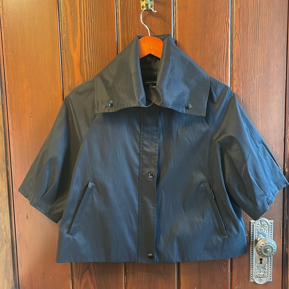 Samuel Dong black cropped jacket with high collar 3/4 sleeves Fully Lined Sz Med - Picture 6 of 7